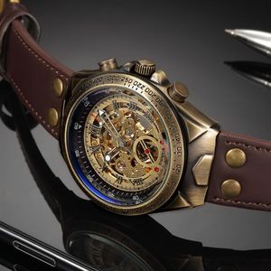 Styl retro Men Automatyczne zegarek mechaniczny szkielet steampunk oryginalny skórzany opaska męska sama kręte nadgarstka zegarki Mężczyźni Relij 20111282l
