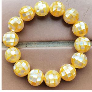 Strand 10mm; 12mm; 14mm Yellow Mother Of Pearl Shell Round Art Women Men Beads Bracelet FG9339