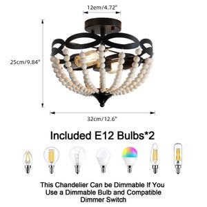 Luz de teto semicircular de madeira com contas de madeira de 12,6 polegadas, estilo vintage rústico, luz de teto de sala de jantar