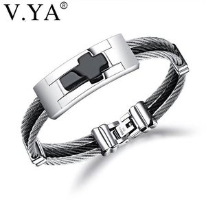 Charm Bracelets V YA 3 Rows Wire Chain Cuff Cross Stainless Steel Men Punk DIY Custom Engrave Man Jewelries Black Silver Color Ban333T