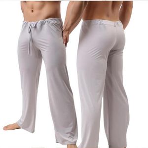 Мужская одежда для сна, мужские домашние брюки с низкой талией, прозрачная прозрачная свободная скользкая пижама, мужская одежда из ледяного шелка, домашняя одежда, сексуальная Linger147G