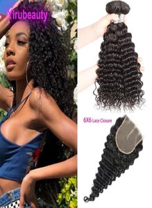 Peruvian Human Hair Wefts With Closure 6X6 With 3 Bundles Deep Wave Lace Closures Natural Color Curly6783575