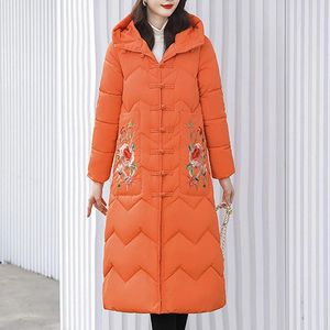 Women's Down Winter Loose Parkas Ancient Chinese Culture Flowers Handicap broderi Slim Pocket Hooded Plus Long Jacket Coat Z30