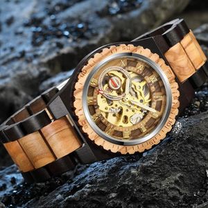 Kreatywny mechaniczny zegarek drewniany szkielet steampunk automatyczny mężczyźni naturalny drewniany zegar pusty ruch moda bransoletki B12052123