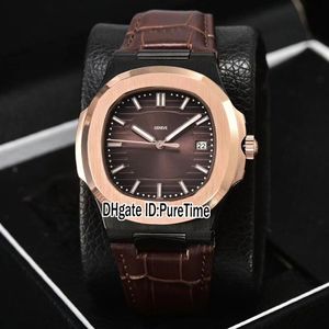 New Classic 5711 PVD Steel Two Tone Rose Gold Texture Brown Dial A2813 Automatic Mens Watch Brown Leather Watches 7 Colors Puretim308D