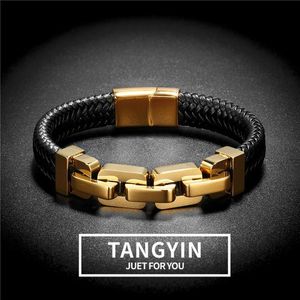 Woven Leather Wrapping Special Style Classic Stainless Steel Locomotive Chain Men's Bracelets For MenCharm Charm300T