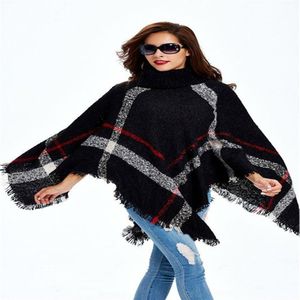 Mode- plus storlek kvinnors ullpläde cardigan turtleneck cape batwing hylsa stickad poncho tröja kvinnlig tofs scarf2095