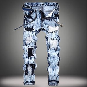 Mode 2018 vår jeans män rippade rakt långa jean byxor ljusblå byxor 221f