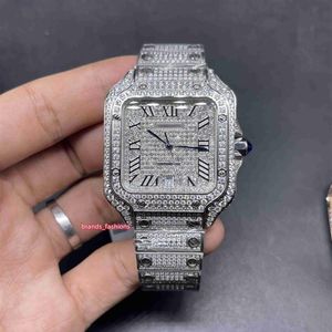 Diamantes de gelo masculino prata caixa de aço inoxidável cheio de diamantes brilho bom relógio automático 245g