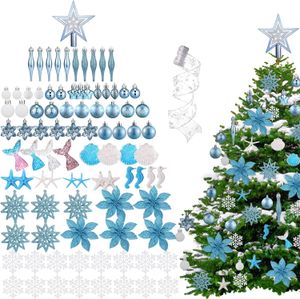 99 Pcs Ocean Beach Themed Christmas Decorations Coastal Christmas Tree Ornaments Blue Christmas Set Including Blue White Ball Hanging Snowfl