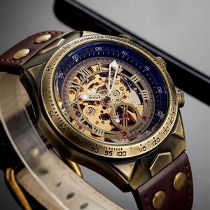 Leder Mechanische Uhr Männer Automatische Steampunk Uhr Herren Skeleton Uhren Bronze Transparent Vintage Sport Armbanduhr Male235e