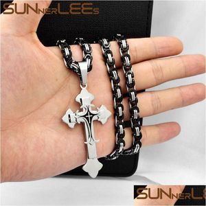 Pendanthalsband Sunnerlees 316L Rostfritt stål Jesus Kristus Cross Halsband byzantinsk länkkedja män pojkar gåva sp245 droppleverans j dh83l