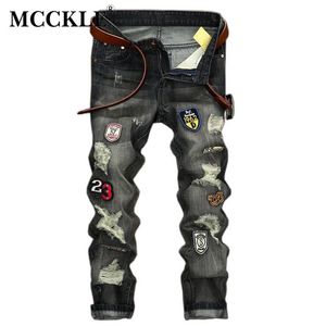 Whole- MCCKLE New Fashion Distressed Mens Jeans Pants Vintage Grey Patches Skinny Trousers Hi Street Holes Denim Biker Jeans M298P