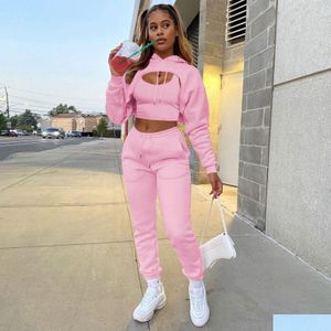 Womens Two Piece Pants 3 Set Women Tracksuit Winter Fleece Hollow Out Hoodies Sweatshirt Cotton Vest Jogging Suit Classy Outfits Drop Dhgdi