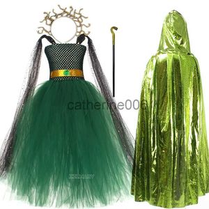 Ocasiões especiais Novo Halloween Meninas Cosplay Traje Festa de Carnaval Grego Antigo Banshee Cos Traje de Cabelo de Cobra Escuro Vestido de Malha Verde x1004