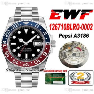 EWF GMT PEPSI 12671 A3186 Automatisk herrklocka Rödblå keramik Bezel Black Dial 904l Steel Oystersteel Armband Super Edition PU305P