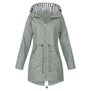 Women's Jackets Solid Color Raincoat Outdoor Striped Print Hooded Jacket Lightweight Long Sleeve Windbreaker Female Drawstring Outerwear