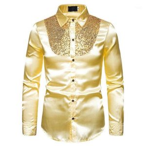 Men's Dress Shirts Men Satin Shiny Silk Wedding Shirt Long Sleeve Sequin Fitness Slim Male Blouse Top Ruffle Shirt1239w