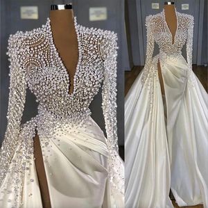 Luxury Pearls Beaded Mermaid Wedding Dresses with Overskirt High Split Deep V Neck Long Sleeves Satin Ruched Pleats Custom Made