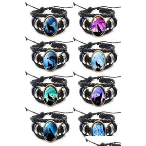 Braccialetti con ciondoli Luna Lupo che ulula Cabochon in vetro fatto a mano Braccialetti in pelle intrecciata Bracciale animale nero da uomo Gioielli fai da te per le donne647927 Dhsa0