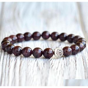 Perline Mg0744 Woman039S Bracciale con granato di grado A Pietra preziosa naturale Buona fortuna Fascino del fiore di loto Bracciale energetico yoga66464221959011 Drop Dhgtv