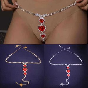 2021 Rhinestone Sexy Bikini Red Heart Underwear Thong Body Jewelry Midje kedjor för tjej Luxur Crystal thong trosor Body Chain P175s