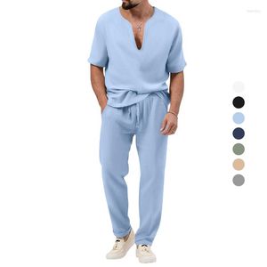 Men's Tracksuits Summer Europe And The United States Solid Color Casual T-shirt V-Neck Short-Sleeved Pants Suit Fashion Simple Men Wear