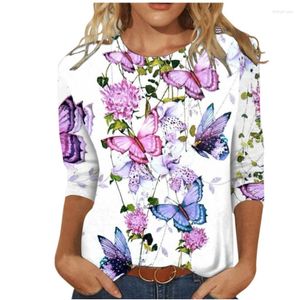 Kvinnors T -skjortor Butterfly Tryck tre kvart ärmskjorta Kvinnor Vintage Grafisk tee Streetwear Casual Loose 3/4 Pullover Tops Kvinna