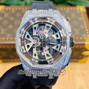 Koncepcja Flying Tourbillon Miyota Quartz Chronograph Mens Watch Diamonds Case szkielet detek złoty czarny guma stopwatch 272W