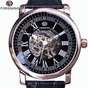 Forsining Retro Series Watch rzymski szkielet Wyświetlacz Czarny Zegar Mechaniczny Rose Golden Case Męskie automatyczne zegarek Top marka LU314E