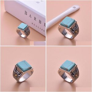 Ringe Vintage Sier Farbe Metall Böhmen Sonnenblumen Ring Türkis Blau Stein Blume Finger Für Frauen Anel Party Schmuck Geschenke Drop Del Dhw2X