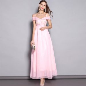 Women's Spaghetti Straps Sexy Off the Shoulder Embroidery Evening Prom Elegant Long Runway Dresses211a