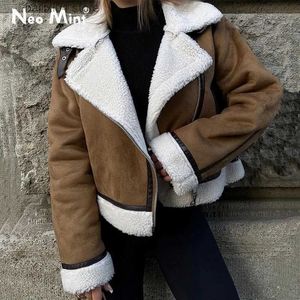 Kvinnors päls faux päls 2023 vinter kvinnor tjock varm mocka lamm jacka kort motorcykel bruna rockar faux shearling fårskinn läderjackor utkläder t231003