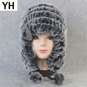 Russo inverno reale paraorecchie cappello delle donne lavorato a maglia genuino Skullies Cap fai da te caldo morbido Rex Rabbit Fur Berretti Berretti Y201024298l