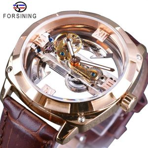 Forsining розово-золотисто-коричневый ремень из натуральной кожи, прозрачные двухсторонние открытые рабочие креативные автоматические часы, лучший бренд Luxury223N