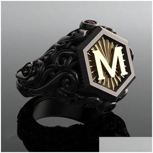 Rings Classic Retro Black Men Gold Filling Carving M Letter Signet Steampunk For Birhday Gift Party Gothic Jewelry Drop Delivery Ring Dh2Bv