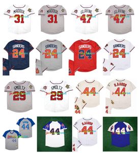 Throwback 44 Hank Aaron Baseball Jersey 24 Deion Sanders Greg 31 Maddux 29 John Smoltz 47 Tom Glavine 49 John Rocker White Grey Size S-4XL