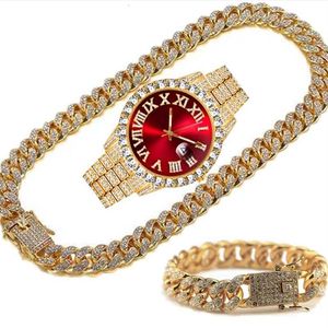 Wristwatches Luxury Gold Watch For Men Full Iced Out Bling Miami Cuban Clock Chain Rhinestone Bracelet Necklace Jewelry Set Relogi2888