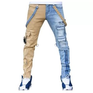 Jeans masculinos high street macacões retos homens oversized hip-hop amarelo azul denim calças moda masculina casual jean289g