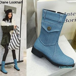 Stövlar 2023 Denim Women Mid-Rise Rom Solid Color Ladies Zip Flat Heels Mid-Calf Boats Chaussures Femme Boties Mujer 34-43