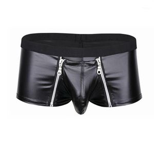 Unterhosen Herren Dessous Kunstleder Unterwäsche Bulge Beutel mit doppeltem Reißverschluss Verschluss Boxer Briefs Low Rise Sexy Männliche Höschen303y