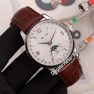 New Master Control Calendar Q143344a Moon Phase Mens Aments Watch White Dial Steel Case Brown Leather Strap Watches H2148