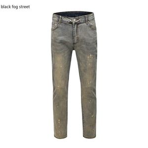 Mäns jeans Black Street K77# Vintage Painted Stretch Cotton Denim Biker Slim Fit Pleated Pants for Motorcycle271K