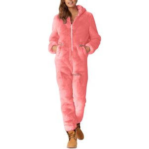 Women's Sleep Lounge S-5XL Womens Onesies Pajamas Ladies Solid Zipper Loose Hooded Jumpsuit Winter Warm Sleepwear Female Coral Fleece Warm HomewearL231005