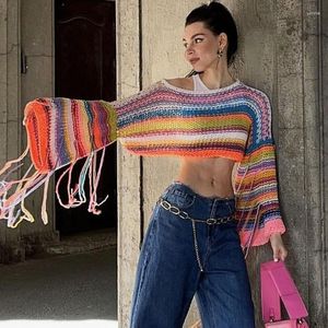 Damenpullover Damen Gestreifter Quasten-Flare-Ärmel-Pullover Weibliche Mode Crop Top Pullover Gestricktes Sweatshirt Beach Street Wear Strickwaren