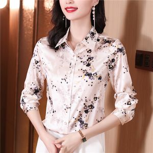 2023 Elegant tryckt Silk Satin Shirt Luxury Designer Långärmad Office Ladies Classic Button Up Bluses 2023 Autumn Winter Women Casual Lapel Shirts Plus Size Tops