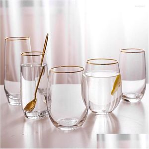 Wine Glasses Wine Glasses Large Clear Juice Cups Transparent Glass With Gold Rim Crystal Lead- Drinkware Thicken Bottom Water Cup Home Dh7Bj