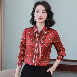 Vintage fita arco lapela camisa vermelha manga longa mulheres designer blusas de cetim de seda 2023 outono inverno escritório senhoras chique impressão geométrica botão acima camisas pista topos