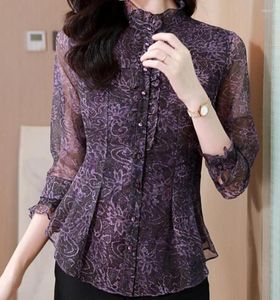 Blusas femininas elegantes camisa de chiffon blusa outono manga longa temperamento flor roxa topo 2023 senhora do escritório roupas femininas