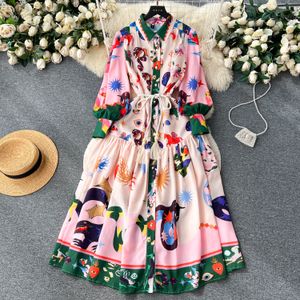 Abiti casual di base Alta qualità Autunno Donna Fashion Runway Abito maxi allentato Lanterna Manica lunga Lace Up Cartoon Cotone Lino Abiti A-Line 2024